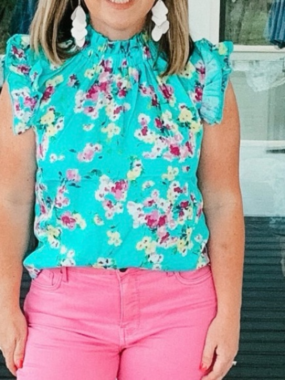Kut from the Kloth Turquoise Floral Ruffle-Sleeve Mock Neck Top